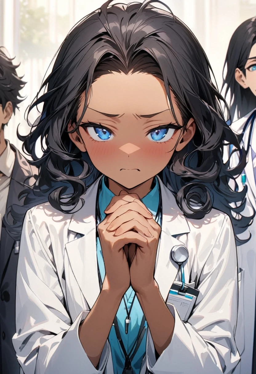 (( straight face picture )) ((best quality)), (Masterpiece)), (details), ( Beautiful colors ) ( ornamentation ) ,doctor ,young man , Tanned skin , black hair ,blue eyes ,Shoulder-length hair ,Slightly curly hair , open forehead , suit ,doctor , bead ,hands together