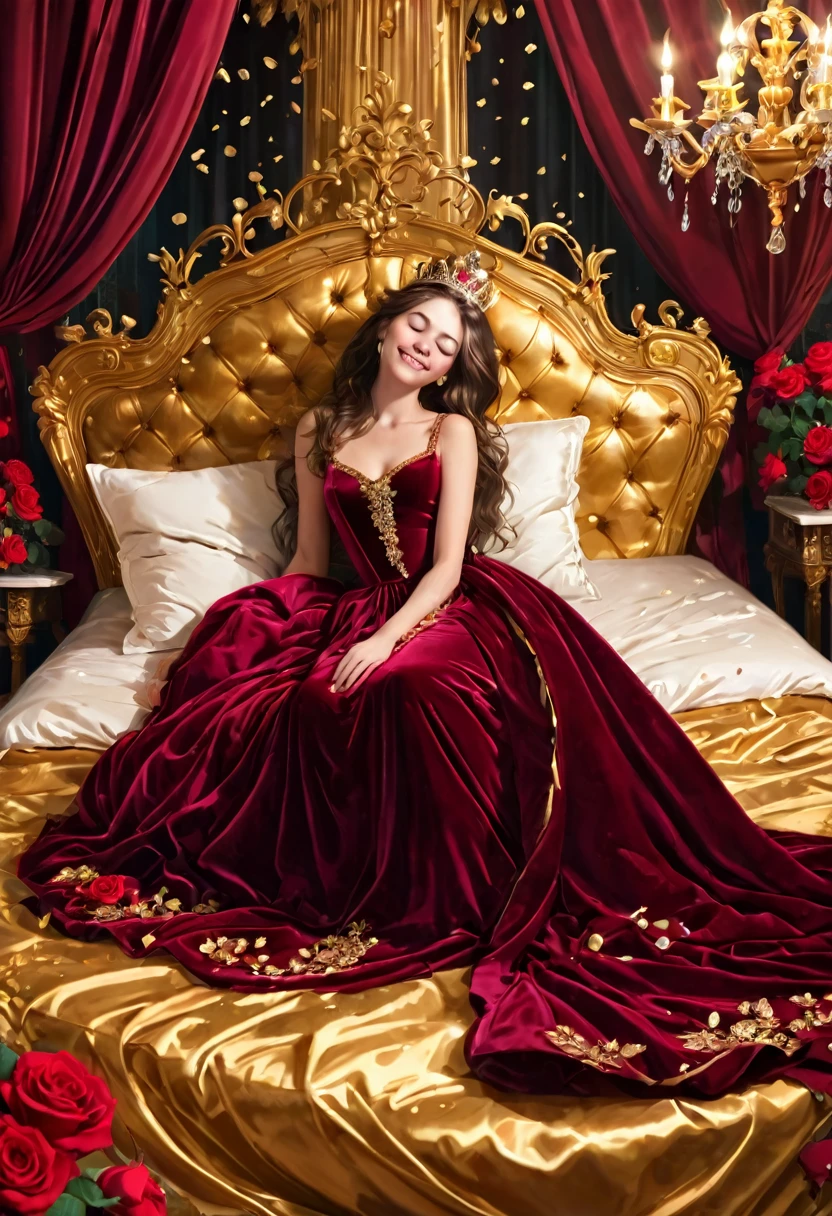 A beautiful woman sleeping on a gold bed, an aristocratic burgundy velvet dress, a crown, a smile, a soft canopy, a shower of gold light, coins falling, a gorgeous room in a palace, roses