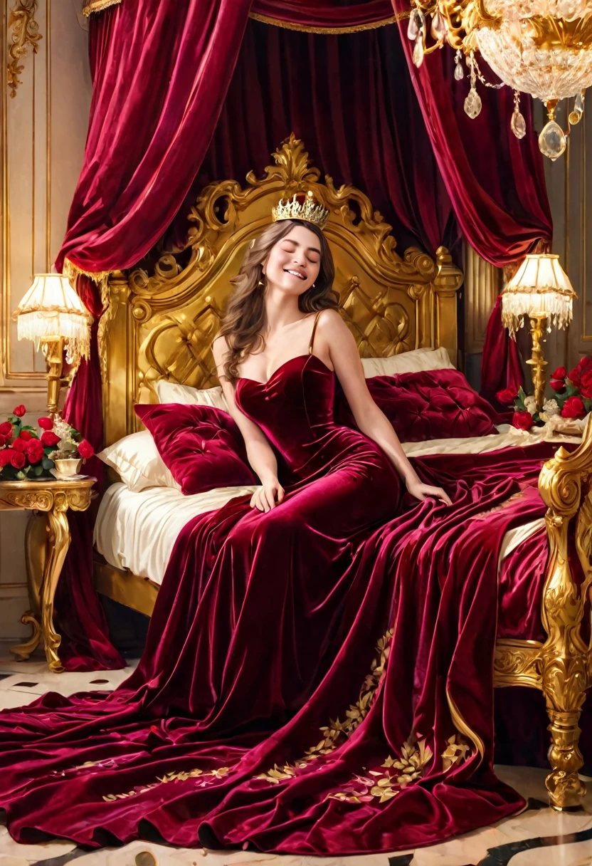 A beautiful woman sleeping on a gold bed, an aristocratic burgundy velvet dress, a crown, a smile, a soft canopy, a shower of gold light, coins falling, a gorgeous room in a palace, roses