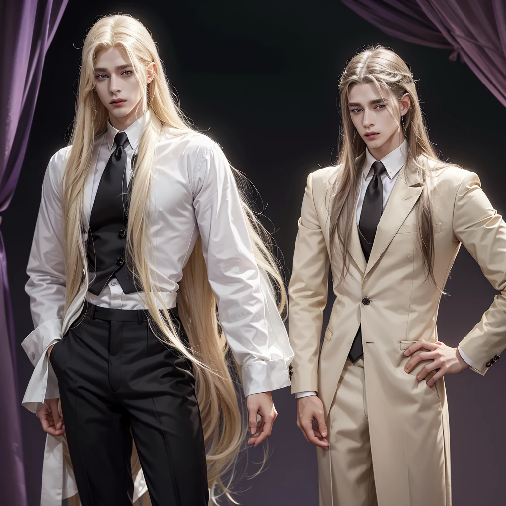 German ethnic boy with long blonde hair, long lock hanging in front, pale skin, green left eye, purple right eye, hairless skin, White shirt, elegant brown suit, Black pants, with a perfect face, handsome, attractive, with a gentle and dominant aura