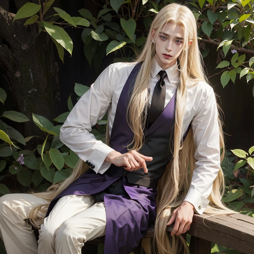 Anime ethnic German boy with long blond hair, long locks hanging in front, pale complexion, green left eye, purple right eye, hairless skin, white shirt, elegant brown suit, black pants, perfect rostri, handsome, attractive, with a gentle and dominant aura. 