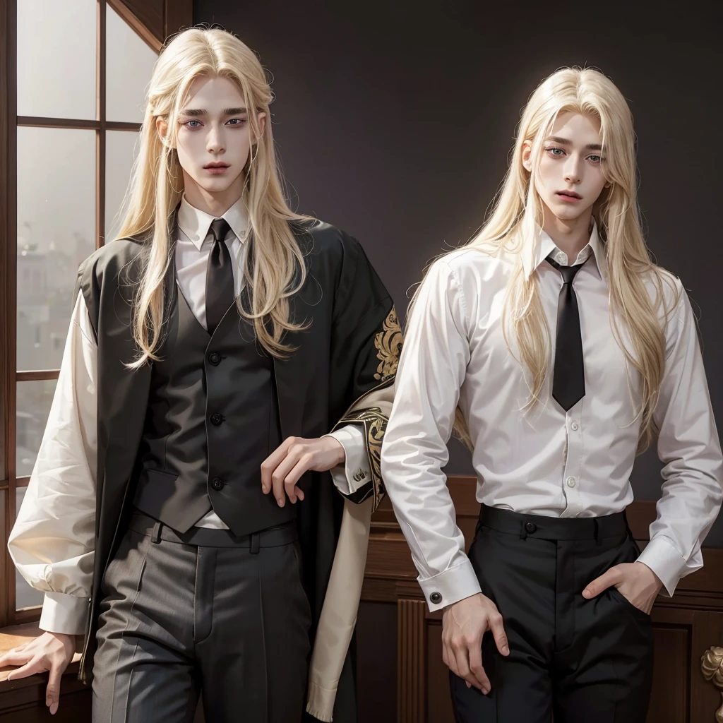Anime ethnic German boy with long blond hair, long locks hanging in front, pale complexion, green left eye, purple right eye, hairless skin, white shirt, elegant brown suit, black pants, perfect rostri, handsome, attractive, with a gentle and dominant aura.