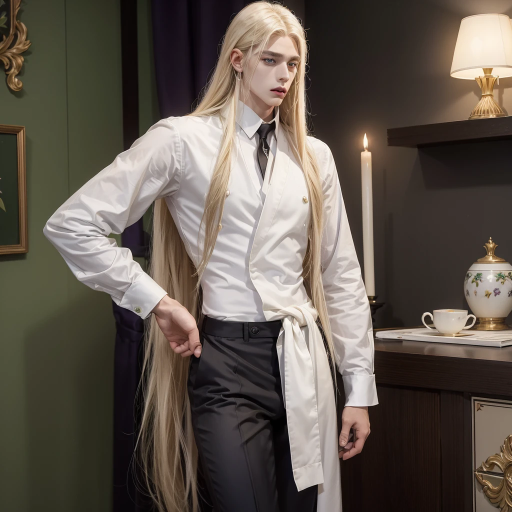 Anime ethnic German boy with long blond hair, long locks hanging in front, pale complexion, green left eye, purple right eye, hairless skin, white shirt, elegant brown suit, black pants, perfect rostri, handsome, attractive, with a gentle and dominant aura.