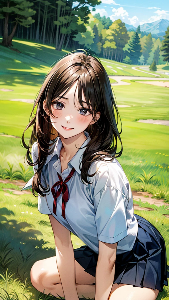 (masterpiece:1.2, top-quality, ultra high res, ultra detailed), (realistic, photorealistic:1.4), beautiful illustration, (natural side lighting, movie lighting),
looking at viewer, (face focus, upper body), 1 girl, japanese, high school dirl, perfect face, (perfect anatomy), cute and symmetrical face, baby face, shiny skin, slender
(long hair:1.5, straight hair:1.2, sark brown hair), parted bangs, grey eyes, long eye lasher, (medium breasts),
beautiful hair, beautiful face, beautiful detailed eyes, beautiful clavicle, beautiful body, beautiful chest, beautiful thigh, beautiful legs,
((detailed cloth texture, short sleeve white collared shirts, navy blue pleated mini skirt, red neck ribbon), , ,
(beautiful scenery), hands on chest, (lovely smile, upper eyes),
In a grassy meadow, a girl is on all fours, being held by a large dog in heat from behind, on her back, and mating.
Her face is bright red and she looks embarrassed.
The skirt was so short that it was almost impossible to see.