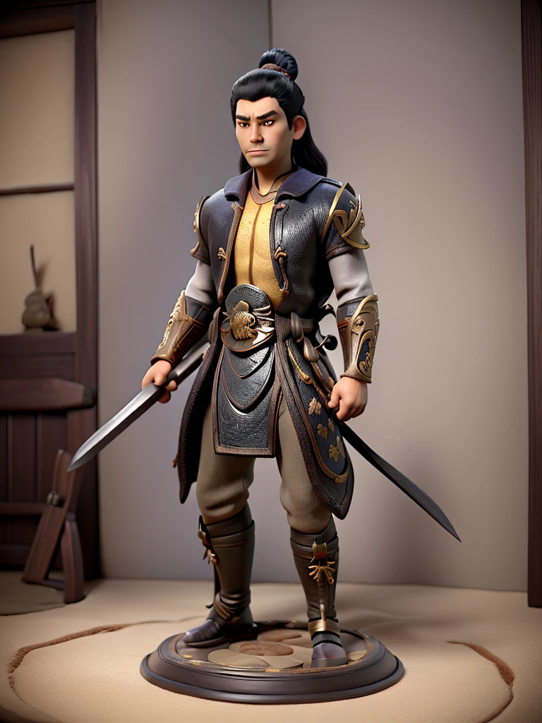 Imagine a samurai of about 35 years old, with impeccable posture and a presence that exudes discipline and honor. He has 1,80 metro de altura, a strong physical constitution, but agile, indicating years of rigorous training and intense combat. Your skin is tanned by the sun, with some unobtrusive scars that tell stories of past battles.
Your face is serious and determined, with angular and well-defined features. The eyes are dark, deep and observant, transmitting wisdom acquired through a life dedicated to the warrior's path. He has thick, well-defined eyebrows, that further accentuate his resolute expression. The hair is black and long, tied into a traditional bun on top of the head, leaving just a few loose strands to fall around the face.
He wears traditional samurai armor, composed of finely crafted iron plates, painted a deep red and decorated with gold details. Over the armor, wears a black haori with the symbol of his clan embroidered in white on the back.
On your waist, carries two swords: A Katana and a Wakizashi, both with polished wooden scabbards and gold details. The katana has a long, curved blade, with an extremely sharp edge, while wakizashi is shorter, but equally lethal. Both swords are family heirlooms, transmitted from generation to generation.
Your feet are shod in war sandals, feitas de couro resistente, that allow you to move silently and quickly. Every step you take is precise and controlled, demonstrating his rigorous training and dedication to bushido, the samurai code of honor.