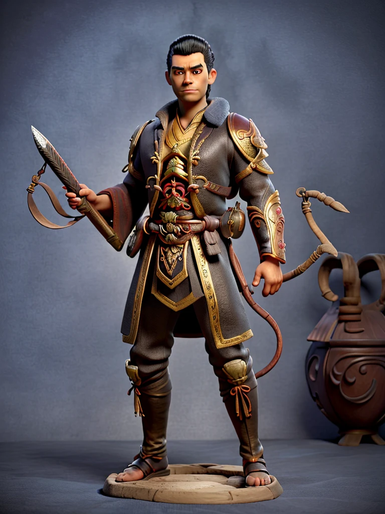 Imagine a samurai of about 35 years old, with impeccable posture and a presence that exudes discipline and honor. He has 1,80 metro de altura, a strong physical constitution, but agile, indicating years of rigorous training and intense combat. Your skin is tanned by the sun, with some unobtrusive scars that tell stories of past battles.
Your face is serious and determined, with angular and well-defined features. The eyes are dark, deep and observant, transmitting wisdom acquired through a life dedicated to the warrior's path. He has thick, well-defined eyebrows, that further accentuate his resolute expression. The hair is black and long, tied into a traditional bun on top of the head, leaving just a few loose strands to fall around the face.
He wears traditional samurai armor, composed of finely crafted iron plates, painted a deep red and decorated with gold details. Over the armor, wears a black haori with the symbol of his clan embroidered in white on the back.
On your waist, carries two swords: A Katana and a Wakizashi, both with polished wooden scabbards and gold details. The katana has a long, curved blade, with an extremely sharp edge, while wakizashi is shorter, but equally lethal. Both swords are family heirlooms, transmitted from generation to generation.
Your feet are shod in war sandals, feitas de couro resistente, that allow you to move silently and quickly. Every step you take is precise and controlled, demonstrating his rigorous training and dedication to bushido, the samurai code of honor.