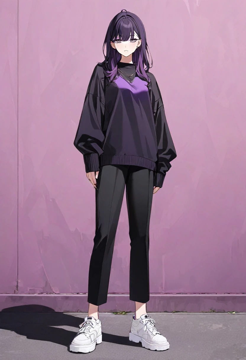 black fur, black sweater, lilac t-shirt, black pants ,White shoes.