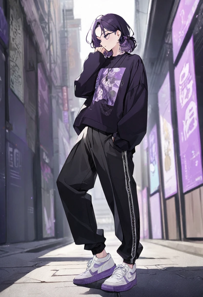 black fur, black sweater, lilac t-shirt, black pants ,White shoes.