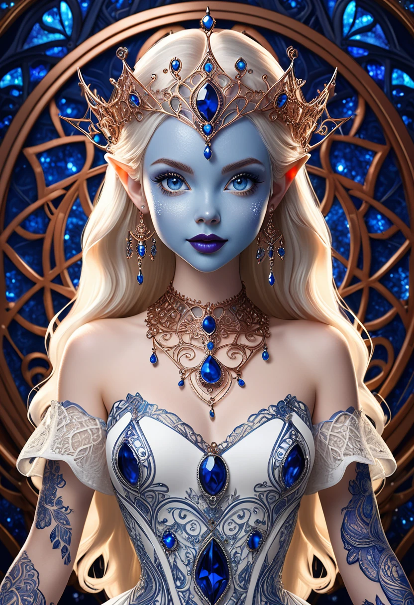 Steampunk inspired goblin princess.  saphire blue skin sapphire wire necklaces and bangles. Crown of fine sapphire  wire. silver coloured tatoos cover her face and body intricate and beautiful designs. LArge pointed ears that end in curlicues. Hands on hips. Ember colored eyes adorned with intricate sapphire wireing. a pure white dress, hemmed with copper, covered in copper lace and filligree. sapphire  designs cover the skirt in a kaleidoscope of intricate sapphire designs. Background is magical verdant forrest. Her visage is a mesmerizing blend of Sydney Sweeney, Alison Brie, Dove-Cameron, creating a unique, symmetrical face that exudes elegance and grace. sapphire colored face tattoos. Silver colored arms, and chest tatoos. Cozy, romantic lighting. Cheerful smile. Copper hair that shimmers and sparkles in the lights. Hourglass figure. blue lips. dark blue eye shadow.
