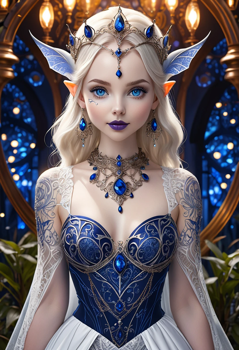 Steampunk inspired goblin princess. saphire blue skin sapphire wire necklaces and bangles. Crown of fine sapphire wire. silver coloured tatoos cover her face and body intricate and beautiful designs. LArge pointed ears that end in curlicues. Hands on hips. Ember colored eyes adorned with intricate sapphire wireing. a pure white dress, hemmed with copper, covered in copper lace and filligree. sapphire designs cover the skirt in a kaleidoscope of intricate sapphire designs. Background is magical verdant forrest. Her visage is a mesmerizing blend of Sydney Sweeney, Alison Brie, Dove-Cameron, creating a unique, symmetrical face that exudes elegance and grace. sapphire colored face tattoos. Silver colored arms, and chest tatoos. Cozy, romantic lighting. Cheerful smile. Copper hair that shimmers and sparkles in the lights. Hourglass figure. blue lips. dark blue eye shadow.