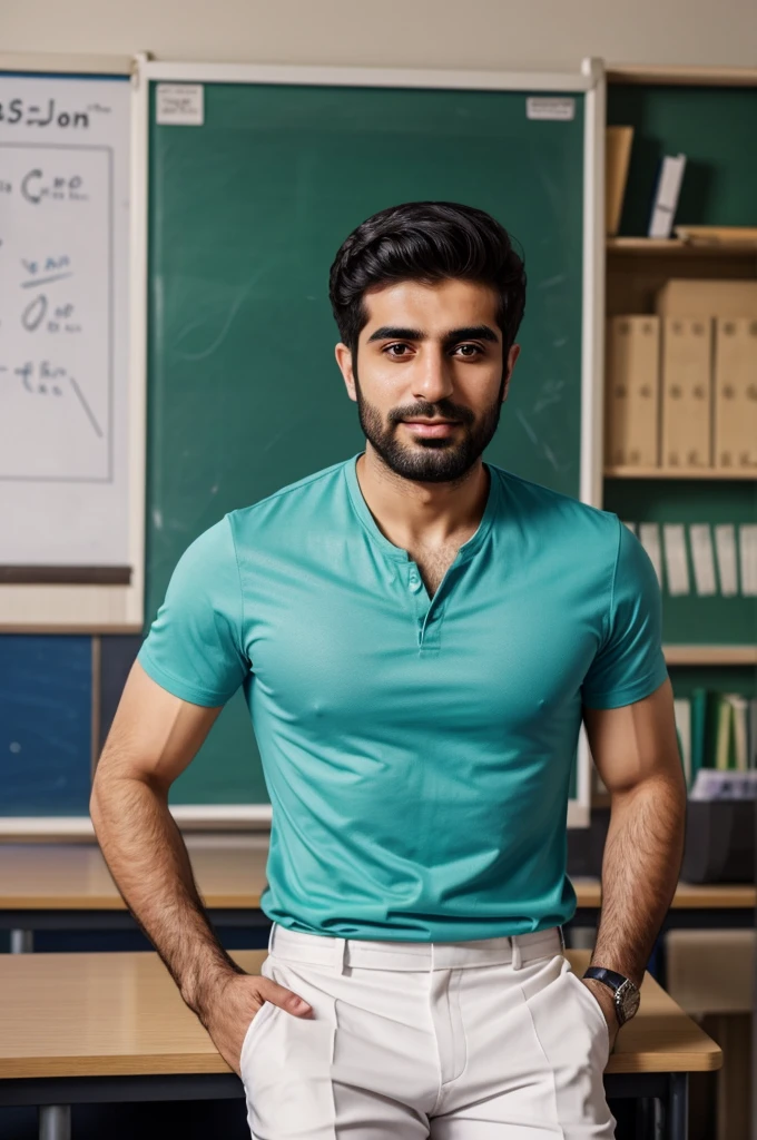 An Iranian man, 25 years old, a chemistry teacher with very beautiful short stubble and with
Green eyes, beautiful eyebrows and a short-sleeved blue shirt that says ATOM in white in English on the shirt and black pants in a class as a chemistry teacher teaching students.