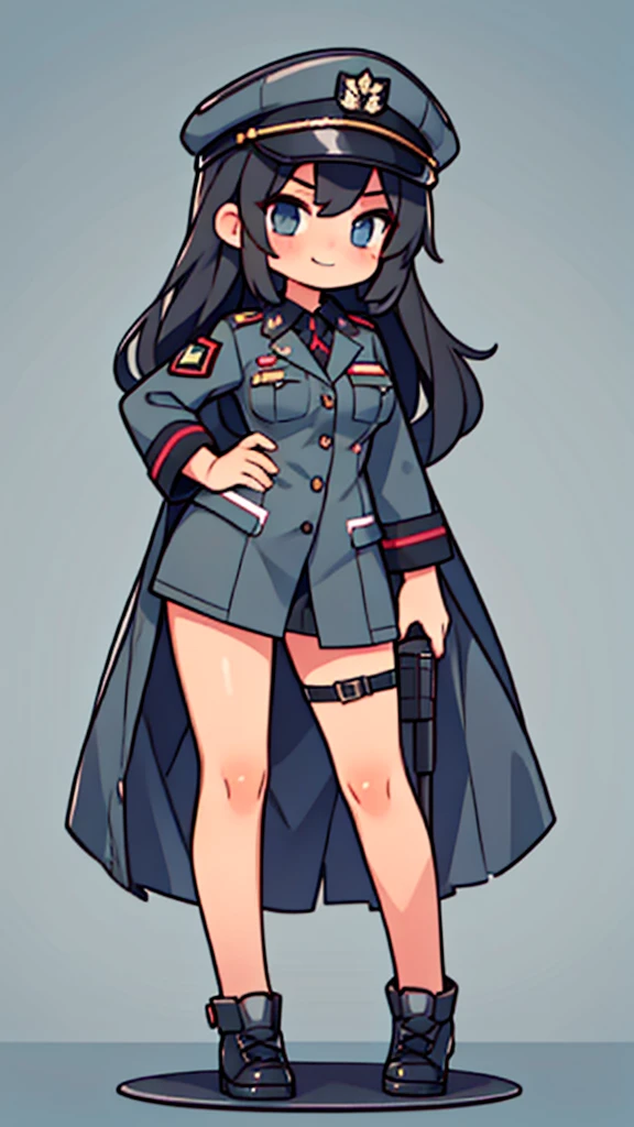 A girl, military girl, long hair, black hair, topless, gentle, good figure, uniform, hat, tear open clothes to expose breasts, , smile,jjmx, seductive eyes, loli