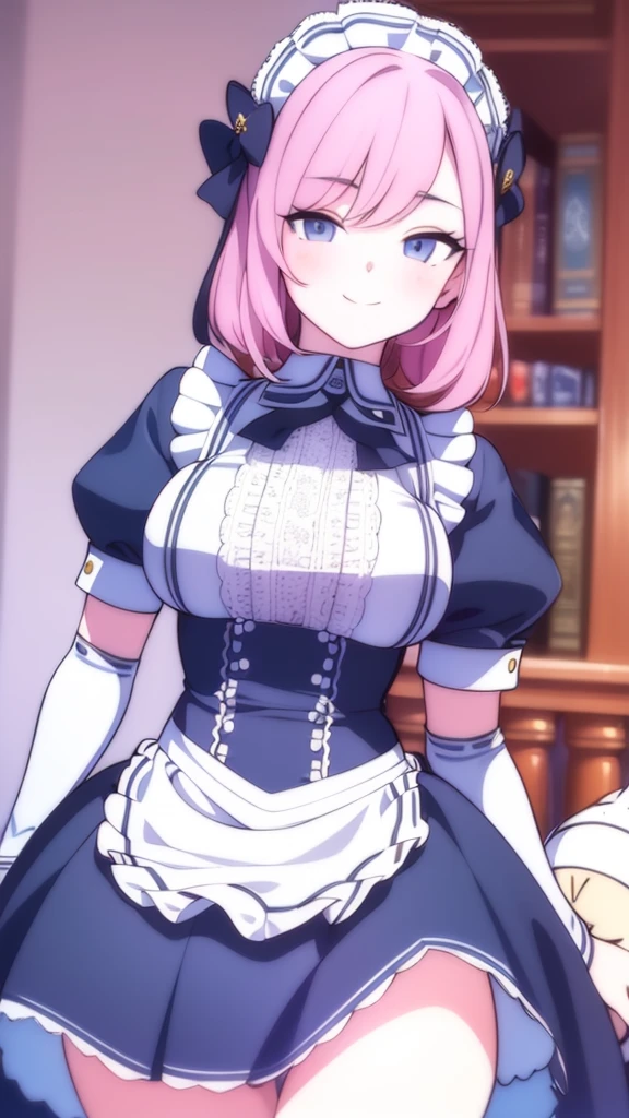 masterpiece, absurdres, (intricate details), (colorful),cinematic lighting,bust shot,extremely detailed CG unity 8k wallpaper, looking at viewer,  virgoft, maid, maid headdress, white maid apron, cuffs, chain, thighhighs, blue eyes, room, night, worth, sexy view, Hands to the back, 