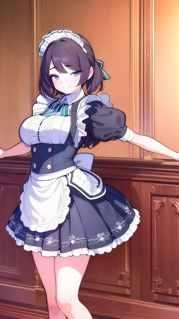 (best quality,ultra-detailed,realistic:1.37),1girl,empty eyes,beautiful detailed eyes,maid,smiling,extremely beautiful,long eyelashes,vivid colors,blushing,utsurome,tmasterpiece,High libido,Lots of color,busty wife、Tuck up your skirt、High-quality lace panties available、