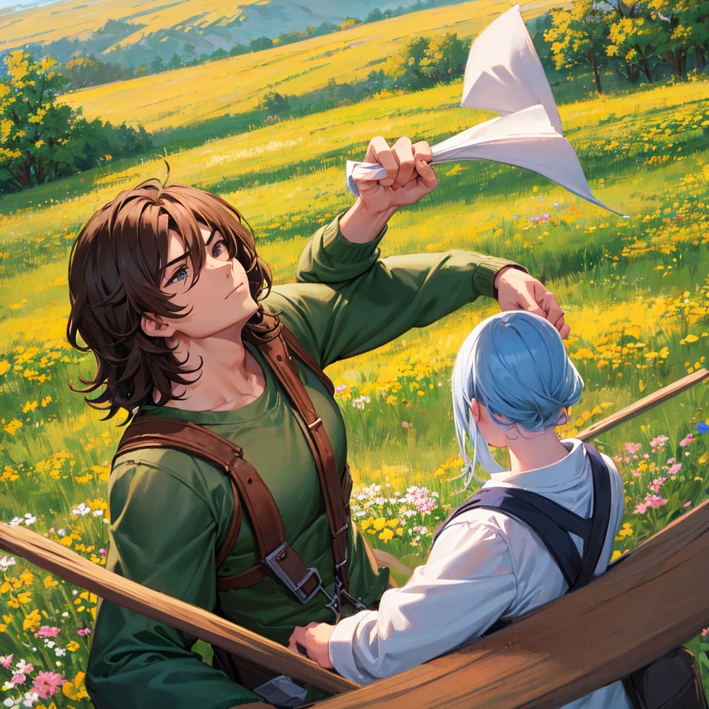 Create a couple of humans where the man looks too masculine and strong and the woman is beautiful with a meadow background