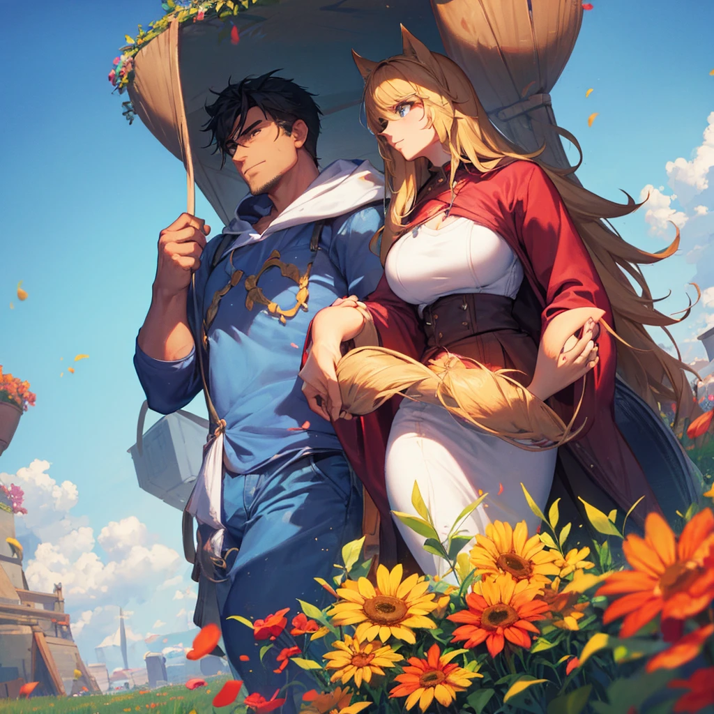 Create a couple of humans where the man looks too masculine and strong and the woman is beautiful with a meadow background