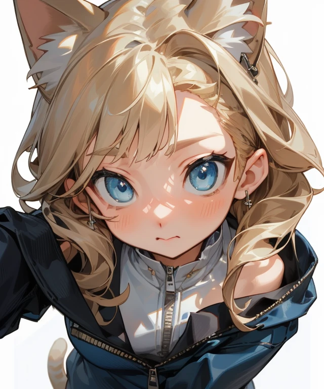 (masterpiece, best quality) detailed, Silver Jewelry , The zipper is not closed , blond ,elegant, Cat ears ,The clothespin is broken,Off-shoulder,(((Water blue eyes)))(((Charm)))