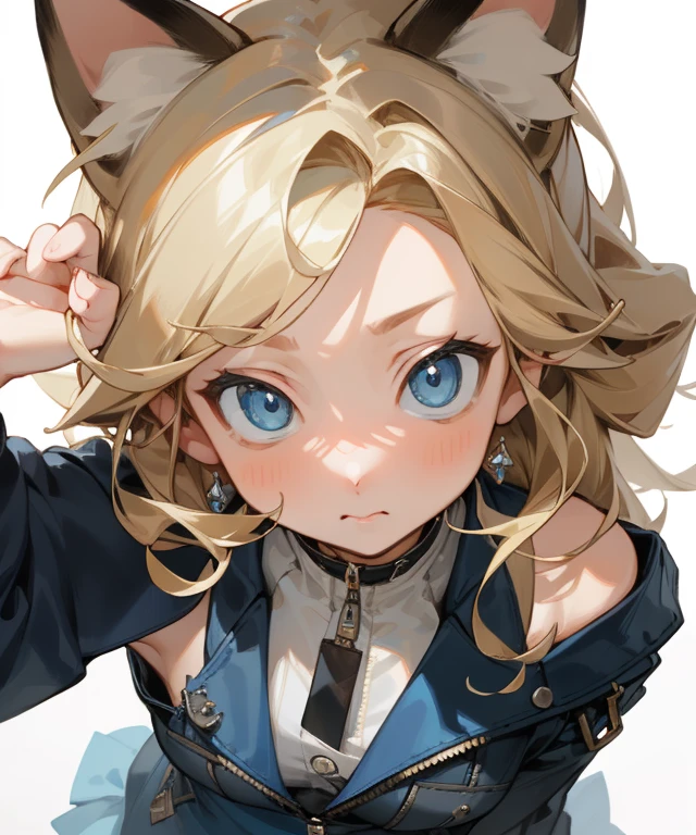 (masterpiece, best quality) detailed, Silver Jewelry , The zipper is not closed , blond ,elegant, Cat ears ,The clothespin is broken,Off-shoulder,(((Water blue eyes)))(((Charm)))