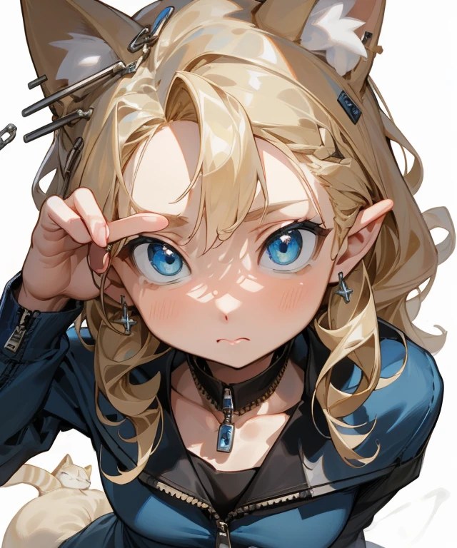 (masterpiece, best quality) detailed, Silver Jewelry , The zipper is not closed , blond ,elegant, Cat ears ,The clothespin is broken,Off-shoulder,(((Water blue eyes)))(((Charm)))