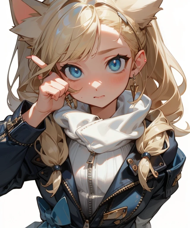 (masterpiece, best quality) detailed,  Silver Jewelry , The zipper is not closed , blond ,elegant, Cat ears ，The clothespin is broken，Off-shoulder，（（（Water blue eyes）））（（（Charm）））