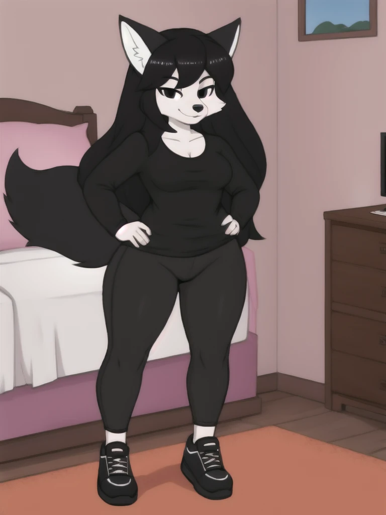 Furry, fox, female, black shirt, black leggings, shoes, bedroom, teen, standing, full body