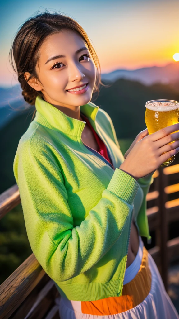 8K,Japanese woman watching the sunset,Super Beauty(Like the real thing),nice,Middle-aged women,Mountain Observation Deck,Portraiture, The perfect angle、Professional quality high resolution、Perfect contrast、Perfect lighting、Perfect composition、Perfect Skin、Perfect Fingers、Perfect breasts、Perfect Hair、Perfect Face、Realistic Facial Features,masterpiece,Photorealistic raw photos,Bright colors,Rich colors,50mm lens,Nikon D850,Highest quality,Slim figure,Perfect body line,Perfect hand shape,Anatomical Body Balance,Highly detailed face,Highly detailed eyes,Beautiful Lips,Excellent light particles,Cinema Lighting,Outdoor Clothing,compensate,Outdoor Clothing,smile,Holding a beer in one hand,