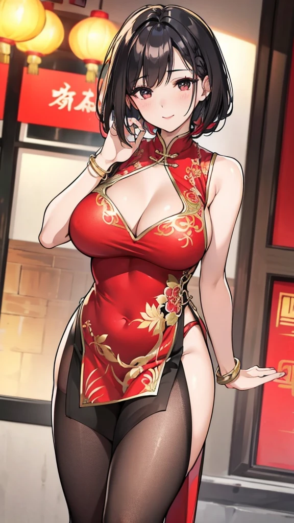 a beautiful woman，Standard red silk cheongsam，side braid，short black hair，Large Breasts，Sexy，Slim body，noble， (gold embroidery thread)， (Such)，cleavage， City，Outdoor Chinese restaurant，Smile，lipstick，Wear a gold bracelet on your right hand