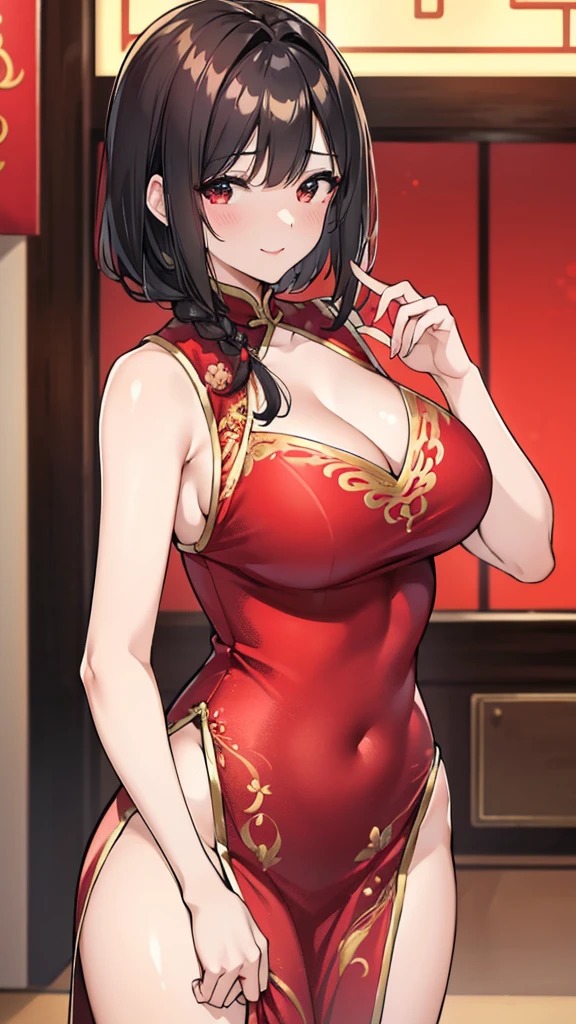 a beautiful woman，Standard red silk cheongsam，side braid，short black hair，Large Breasts，Sexy，Slim body，noble， (gold embroidery thread)， (Such)，cleavage， City，Outdoor Chinese restaurant，Smile，lipstick，Wear a gold bracelet on your right hand