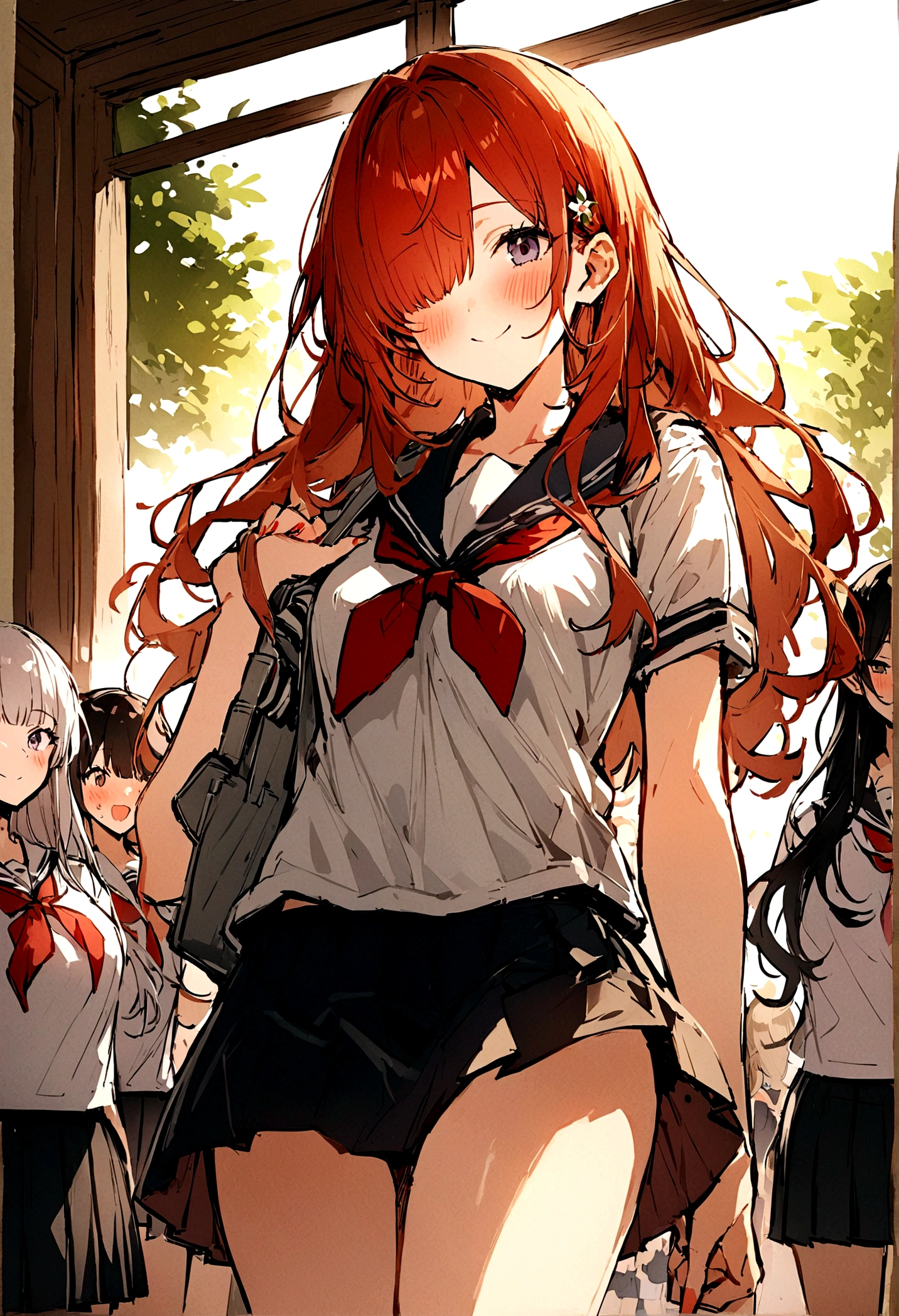 ヘルメット、ヘルメットを被る、
Gymnastics、White T-shirt、7 girls, Photo of beautiful Japanese idols in School, Againm \(Again:NULL\), [smile], blush, School、 masterpiece, highest quality, perfect lighting,  skirt, medium bAgainsts,，sailor suit、hair above one eye、hair accessorieidsummer、super fine illustration,(((beautiful fine hair))),(((beautiful fine face))),(((beautiful fine background))),