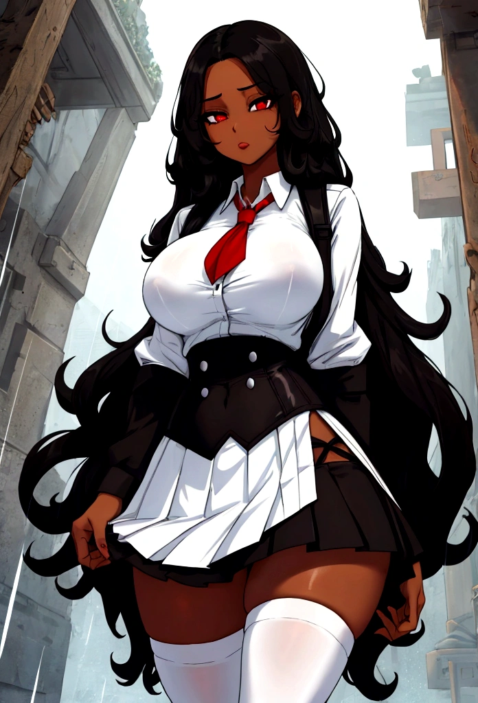 Girl with very long curly black hair, red eyes, BROWN SKIN , big breasts, thin waist,  big hips, white blouse, thigh-high red skirt, tights and light black, black backpack, tomorrow with rain. 
