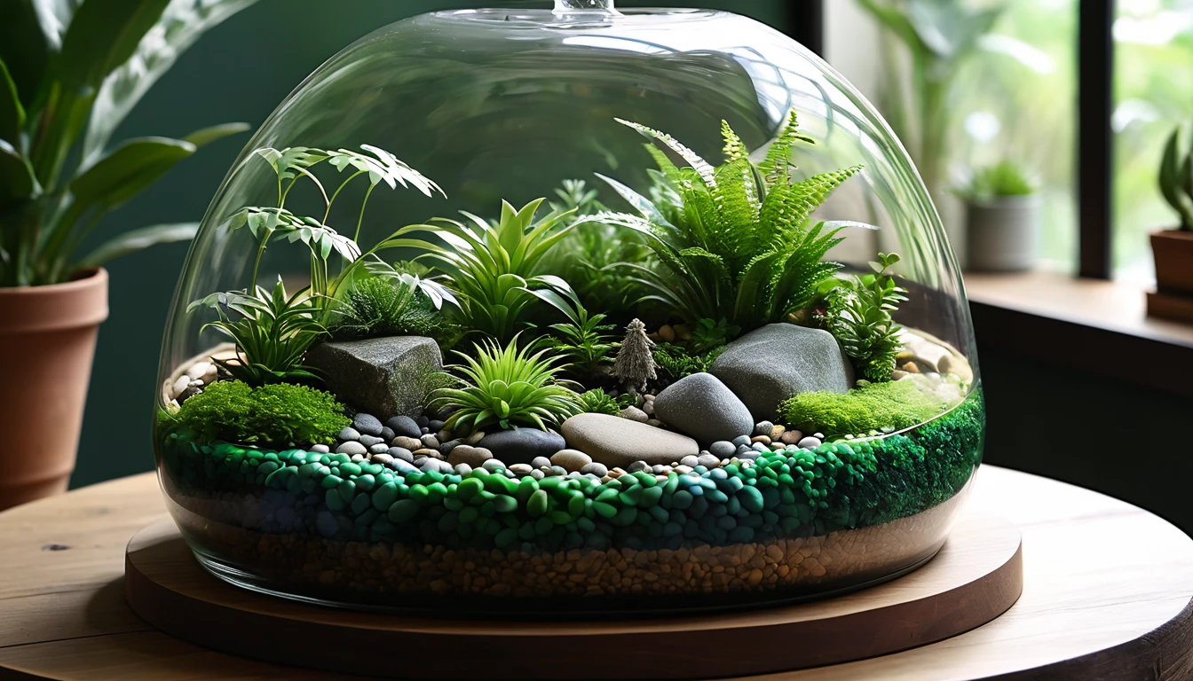 「1Encased in two glass domes、A beautiful and delicate terrarium。Mr.々Various kinds of green plants are harmoniously arranged、Small stones and tree branches are scattered around。Warm natural light pours in、It creates a fantastic atmosphere, as if a small world is spreading inside the terrarium.。Realistic and detailed texture and color、Generate a CG rendered terrarium wallpaper。」