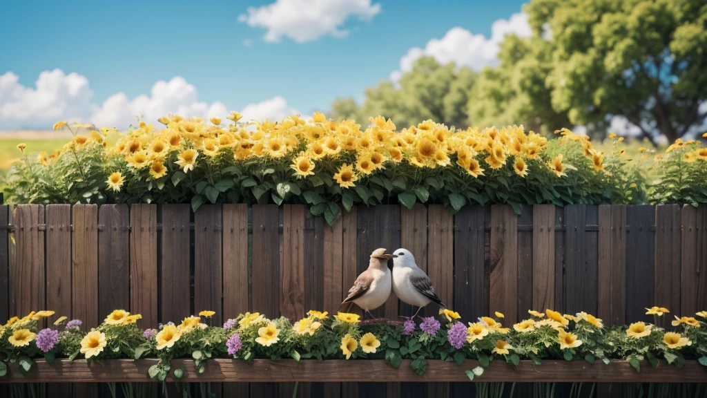 birds on the fence, and in the background sunny day, to the background and flowers, blurred in the background