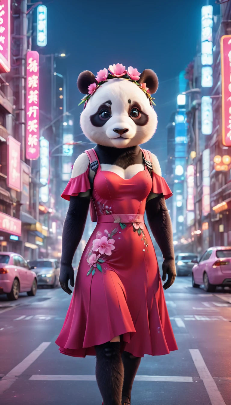 (Panda in urban red flared dress: 1.5), (Panda with pink flower on head: 1.5), Standing on the road in a high-tech cityscape with neon lights and holographic signs. Background has a modern, cyberpunk, high-tech feel. Lovely digital painting, 3D rendering, bright lighting, vibrant colors.