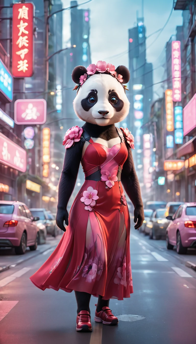(Panda in urban red flared dress: 1.5), (Panda with pink flower on head: 1.5), Standing on the road in a high-tech cityscape with neon lights and holographic signs. Background has a modern, cyberpunk, high-tech feel. Lovely digital painting, 3D rendering, bright lighting, vibrant colors.