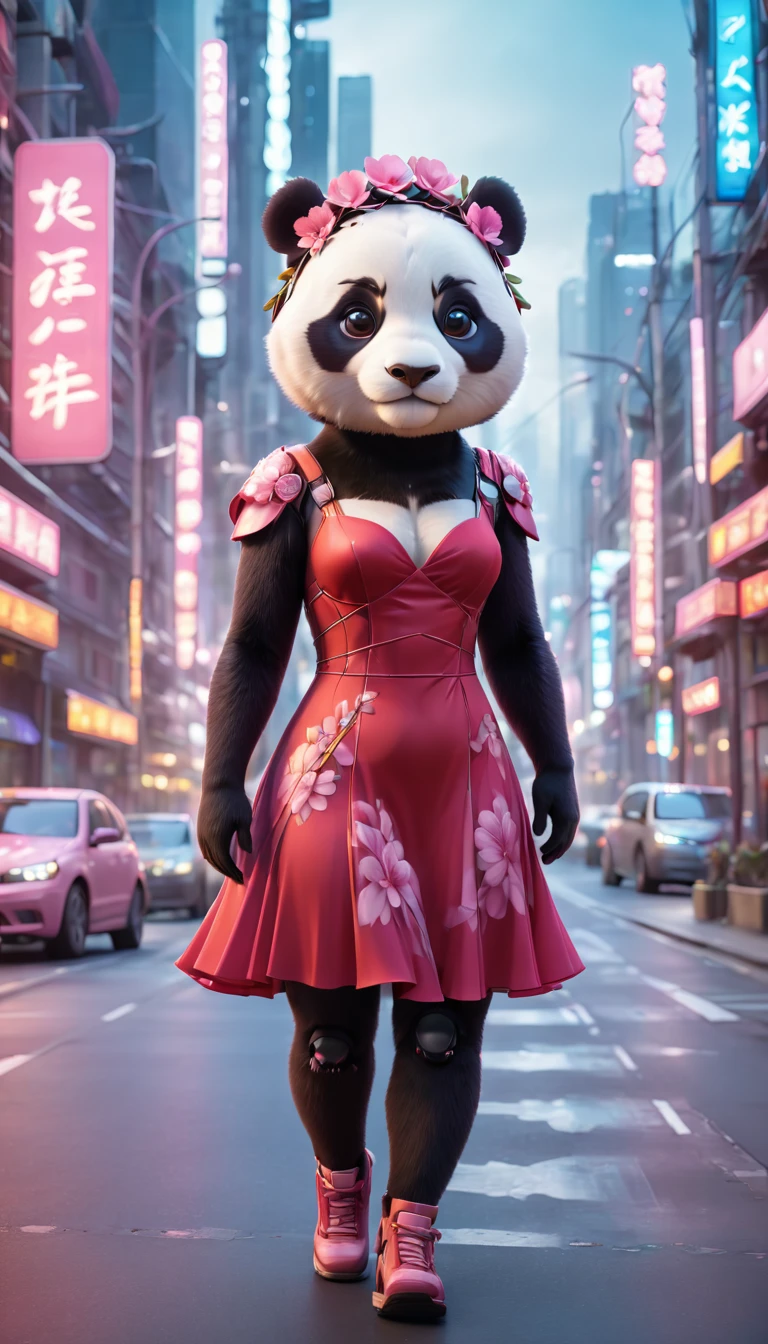(Panda in urban red flared dress: 1.5), (Panda with pink flower on head: 1.5), Standing on the road in a high-tech cityscape with neon lights and holographic signs. Background has a modern, cyberpunk, high-tech feel. Lovely digital painting, 3D rendering, bright lighting, vibrant colors.