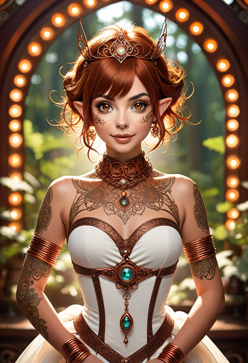 Steampunk inspired goblin princess. copper wire necklaces and bangles. Crown of fine copper wire. copper coloured tatoos cover her face and body intricate and beautiful designs. LArge pointed ears that end in curlicues. Hands on hips. Ember colored eyes adorned with intricate copper wireing. a pure white dress, hemmed with copper, covered in copper lace and filligree. silver designs cover the skirt in a kaleidoscope of intricate copper designs. Background is magical verdant forrest. Her visage is
Kate Micucci, creating a unique, symmetrical face that exudes elegance and grace. copper colores face tattoos. Copper colored arms, and chest tatoos. Cozy, romantic lighting. Cheerful smile. Copper hair that shimmers and sparkles in the lights. Hourglass figure. copper lips. dark copper eye shadow.