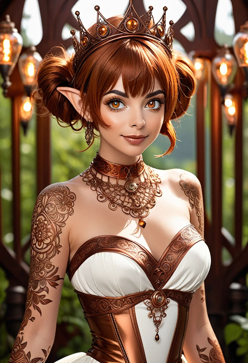 Steampunk inspired goblin princess. copper wire necklaces and bangles. Crown of fine copper wire. copper coloured tatoos cover her face and body intricate and beautiful designs. LArge pointed ears that end in curlicues. Hands on hips. Ember colored eyes adorned with intricate copper wireing. a pure white dress, hemmed with copper, covered in copper lace and filligree. silver designs cover the skirt in a kaleidoscope of intricate copper designs. Background is magical verdant forrest. Her visage is
Kate Micucci, creating a unique, symmetrical face that exudes elegance and grace. copper colores face tattoos. Copper colored arms, and chest tatoos. Cozy, romantic lighting. Cheerful smile. Copper hair that shimmers and sparkles in the lights. Hourglass figure. copper lips. dark copper eye shadow.