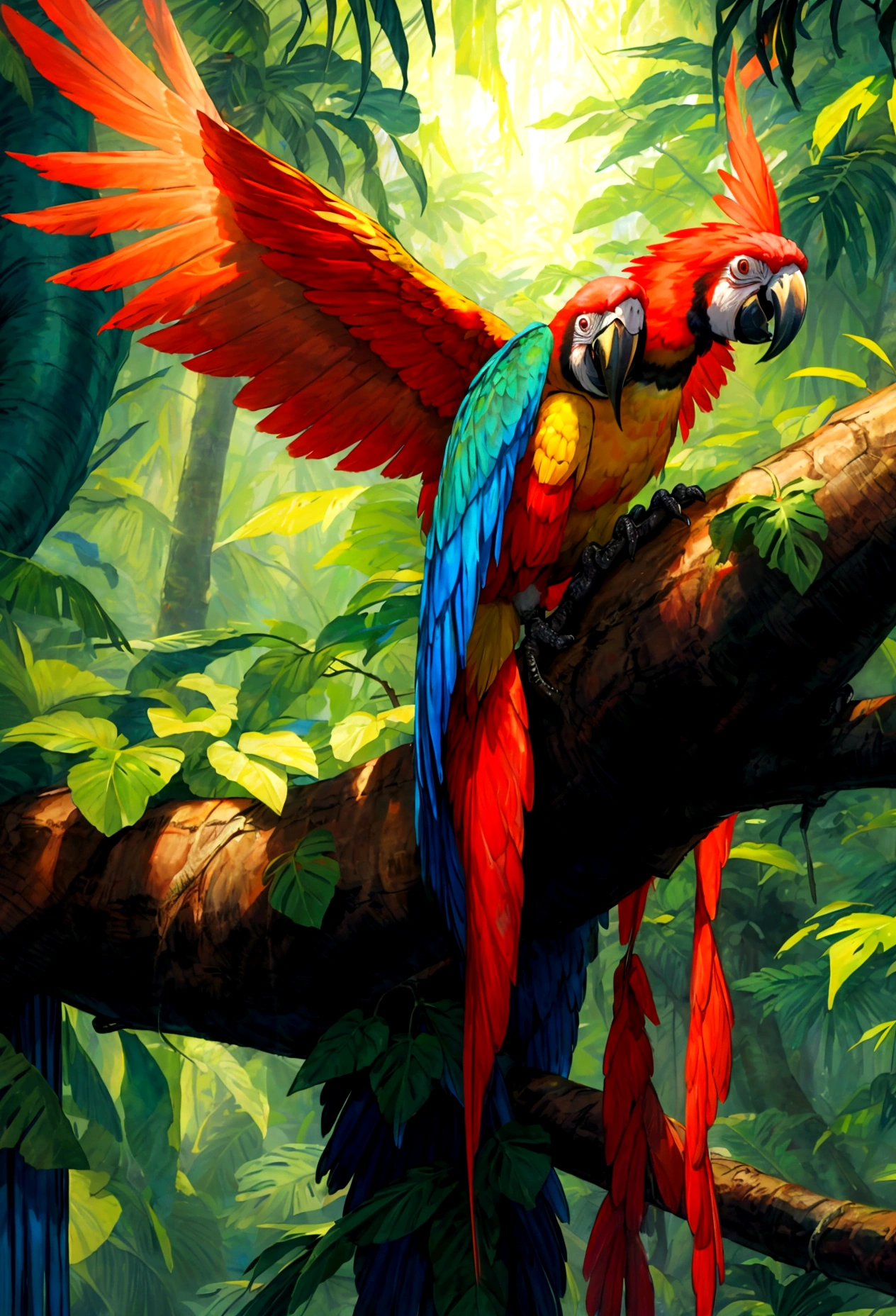 A macaw,in the rainforest,Stand on a branch and whip your wings,plethora of colors,Strong layering,