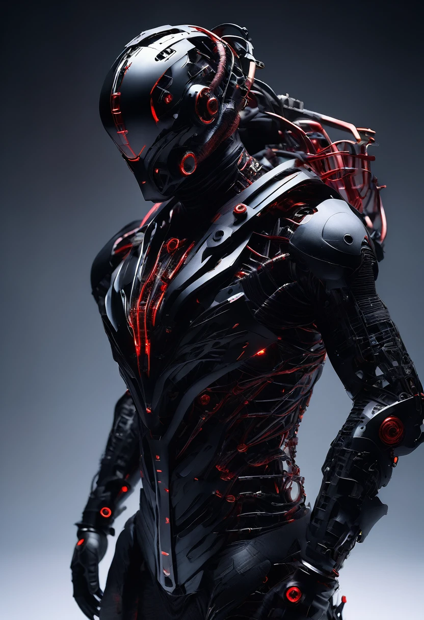 A menacing futuristic industrial design cyborg in a white photography studio, wear a hi tech mask, a matte black exoskeleton with red details. Matte black mecha body melds with a futuristic breathing mask. Cinematic low-key lighting accentuates sharp edges and ominous silhouette. Hyper-detailed textures reveal intricate circuitry and industrial design spares. Dramatic composition emphasizes the figure's imposing presence. Color palette contrasts deep blacks with vibrant reds and cool whites. Rendered in ultra-high 8K resolution, capturing every eerie detail.