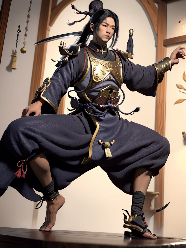 Imagine a samurai of about 35 years old, with impeccable posture and a presence that exudes discipline and honor. He has 1,80 metro de altura, a strong physical constitution, but agile, indicating years of rigorous training and intense combat. Your skin is tanned by the sun, with some unobtrusive scars that tell stories of past battles.
Your face is serious and determined, with angular and well-defined features. The eyes are dark, deep and observant, transmitting wisdom acquired through a life dedicated to the warrior's path. He has thick, well-defined eyebrows, that further accentuate his resolute expression. The hair is black and long, tied into a traditional bun on top of the head, leaving just a few loose strands to fall around the face.
He wears traditional samurai armor, composed of finely crafted iron plates, painted a deep red and decorated with gold details. Over the armor, wears a black haori with the symbol of his clan embroidered in white on the back.
On your waist, carries two swords: A Katana and a Wakizashi, both with polished wooden scabbards and gold details. The katana has a long, curved blade, with an extremely sharp edge, while wakizashi is shorter, but equally lethal. Both swords are family heirlooms, transmitted from generation to generation.
Your feet are shod in war sandals, feitas de couro resistente, that allow you to move silently and quickly. Every step you take is precise and controlled, demonstrating his rigorous training and dedication to bushido, the samurai code of honor.