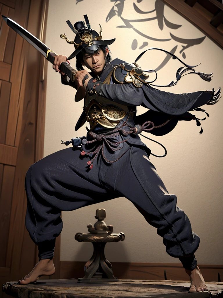 Imagine a samurai of about 35 years old, with impeccable posture and a presence that exudes discipline and honor. He has 1,80 metro de altura, a strong physical constitution, but agile, indicating years of rigorous training and intense combat. Your skin is tanned by the sun, with some unobtrusive scars that tell stories of past battles.
Your face is serious and determined, with angular and well-defined features. The eyes are dark, deep and observant, transmitting wisdom acquired through a life dedicated to the warrior's path. He has thick, well-defined eyebrows, that further accentuate his resolute expression. The hair is black and long, tied into a traditional bun on top of the head, leaving just a few loose strands to fall around the face.
He wears traditional samurai armor, composed of finely crafted iron plates, painted a deep red and decorated with gold details. Over the armor, wears a black haori with the symbol of his clan embroidered in white on the back.
On your waist, carries two swords: A Katana and a Wakizashi, both with polished wooden scabbards and gold details. The katana has a long, curved blade, with an extremely sharp edge, while wakizashi is shorter, but equally lethal. Both swords are family heirlooms, transmitted from generation to generation.
Your feet are shod in war sandals, feitas de couro resistente, that allow you to move silently and quickly. Every step you take is precise and controlled, demonstrating his rigorous training and dedication to bushido, the samurai code of honor.