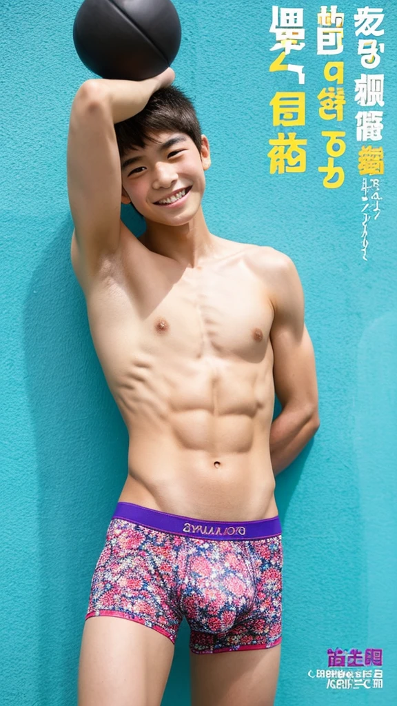 Japanese men、14 years old、Short stature with underdeveloped limbs、Well-trained muscles and smooth skin、Sporty short hair、A friendly, wide-mouthed smile、A short figure with a youthful face, active poses and bulging muscles in the lower body.、He is showing off his colorful, thin and narrow-fabric boxer shorts, wanting people to take notice.、Healthy bathrooms are expanding、The whole body is clearly visible、Young but well-developed healthy features and clean muscles、Hands on your hips