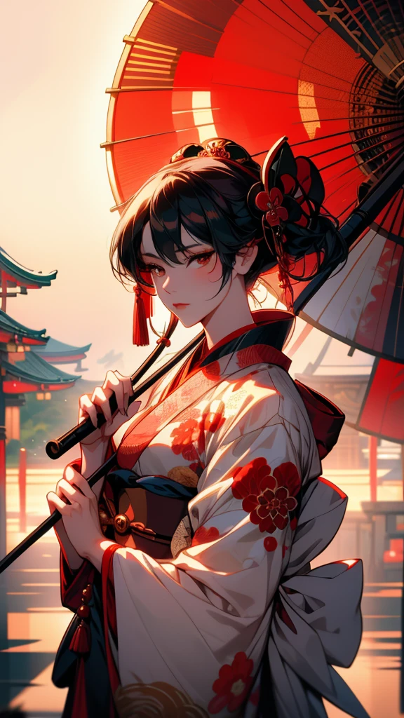 a close up of a woman in a kimono dress holding a red umbrella, japanese kimono, The Detailed Art of the Onmyoji, onmyoji, intricate geisha kimono, Traditional geisha costume, red kimono, in kimono, Inspired by Fujiwara Takanobu, Inspired by Sukenori Nishikawa, From the Sengoku period, kimono