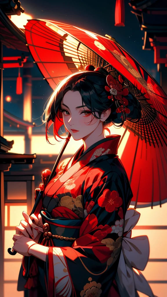 a close up of a woman in a kimono dress holding a red umbrella, japanese kimono, The Detailed Art of the Onmyoji, onmyoji, intricate geisha kimono, Traditional geisha costume, red kimono, in kimono, Inspired by Fujiwara Takanobu, Inspired by Sukenori Nishikawa, From the Sengoku period, kimono