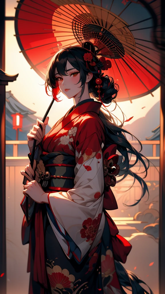 a close up of a woman in a kimono dress holding a red umbrella, japanese kimono, The Detailed Art of the Onmyoji, onmyoji, intricate geisha kimono, Traditional geisha costume, red kimono, in kimono, Inspired by Fujiwara Takanobu, Inspired by Sukenori Nishikawa, From the Sengoku period, kimono