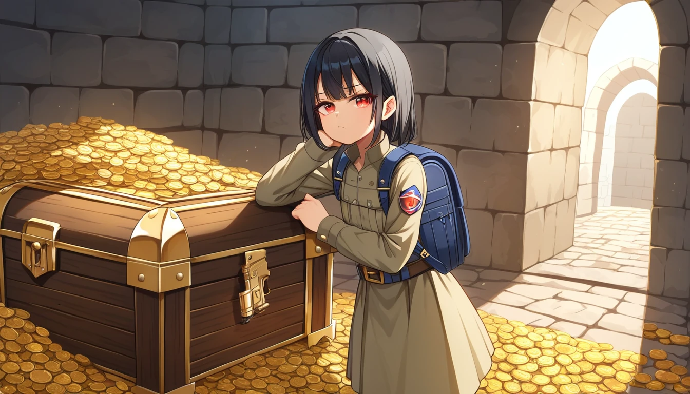 ((1girls:1.3)), ((solo:1.3)), ((soldier:1.3)), ((dungeon:1.3)), ((handgun:1.3)), ((backpack:1.3)), ((moe style:1.3)), ((standing:1.3)), ((red eyes:1.3)), ((treasure chest:1.3)), ((small girl:1.3)), ((flat chest:1.3)), ((bored look:1.3)), ((pile of gold coins:1.3)), ((black hair:1.3)), ((perfect face)), ((extremely cute:1.3)), ((masterpiece:1.3)), ((8k)), ((best quality:1.3)), ((beautiful)), ((extremely detailed:1.3)) , ((absurdres)), AddXL, ((score_9:1.3)), ((score_8_up:1.3)), ((score_7_up:1.3)), Expressiveh