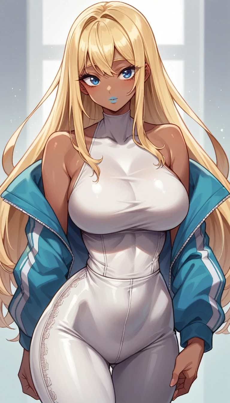 minamifuyuki, young thick woman, big hips, small waist, small midsection, big breasts, dark skin, long blonde hair, sidelocks, front bangs, blue eyes, hot pink lips, white lace button-down top tucked in, metallic iridescent pants, long black pvc jacket, cute sexy, sexy cute, slim, thicc