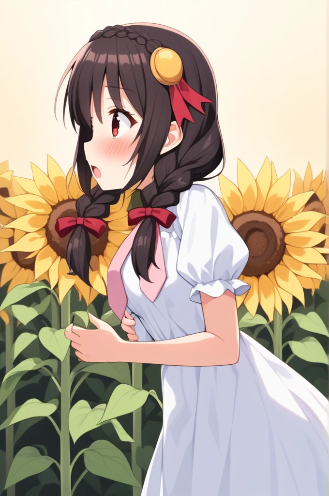 alone, One girl、Crown braids in the same color as your hair, hair ornaments, Hair Ribbon, Pink tie, (White dress), Sunflower field、Red Eyes、Black Hair、(blush:1.4)、(Surprised profile:1.2)、Slightly larger breasts