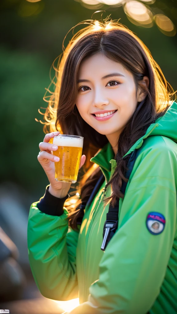8K,Japanese woman watching the sunset,Super Beauty(Like the real thing),nice,Middle-aged women,Mountain Observation Deck,Portraiture, The perfect angle、Professional quality high resolution、Perfect contrast、Perfect lighting、Perfect composition、Perfect Skin、Perfect Fingers、Perfect breasts、Perfect Hair、Perfect Face、Realistic Facial Features,masterpiece,Photorealistic raw photos,Bright colors,Rich colors,50mm lens,Nikon D850,Highest quality,Slim figure,Perfect body line,Perfect hand shape,Anatomical Body Balance,Highly detailed face,Highly detailed eyes,Beautiful Lips,Excellent light particles,Cinema Lighting,Outdoor Clothing,compensate,Outdoor Clothing,smile,Holding a beer in one hand,