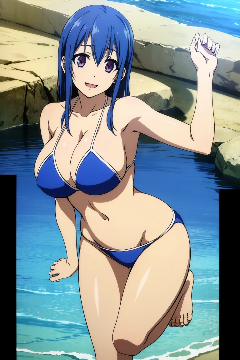 foot work, Mesa, Best Quality,1 girl in, (Alone:1.3),blue hair color、wide、(huge breasts:1)、Bikini,a smile、opening your mouth、the beach, 